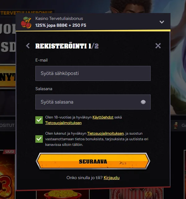 Wintino Casino – rekisteröintilomakkeen sivu 1/2